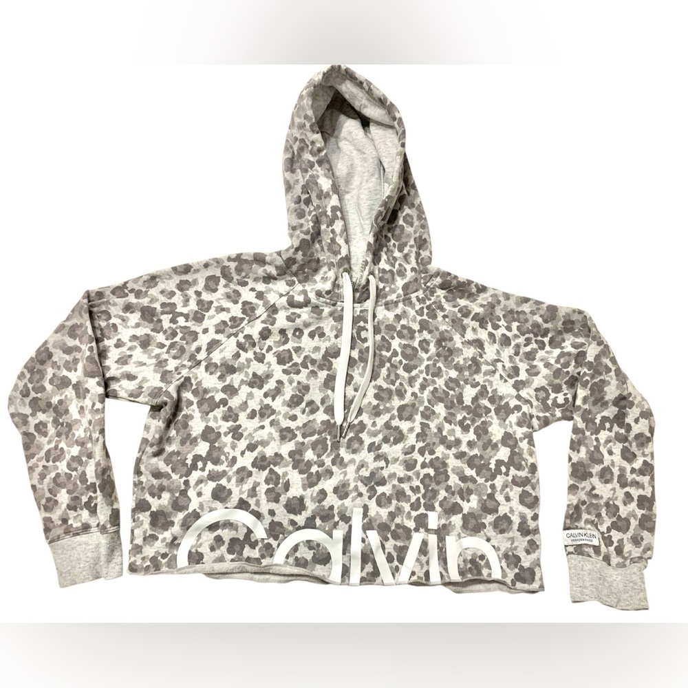 Calvin Klein Women’s Performance Cropped Hoodie Gray Leopard Print Size L